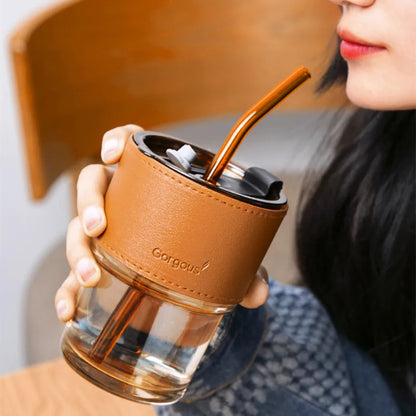 450ml Glass Coffee Mug with Lid & Straw