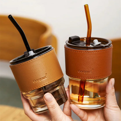 450ml Glass Coffee Mug with Lid & Straw