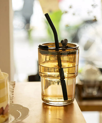 450ml Glass Coffee Mug with Lid & Straw
