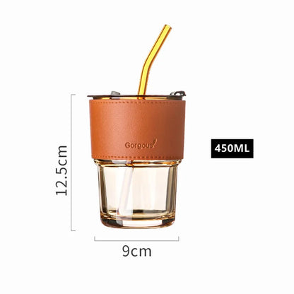 450ml Glass Coffee Mug with Lid & Straw