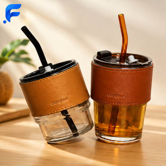 450ml Glass Coffee Mug with Lid & Straw